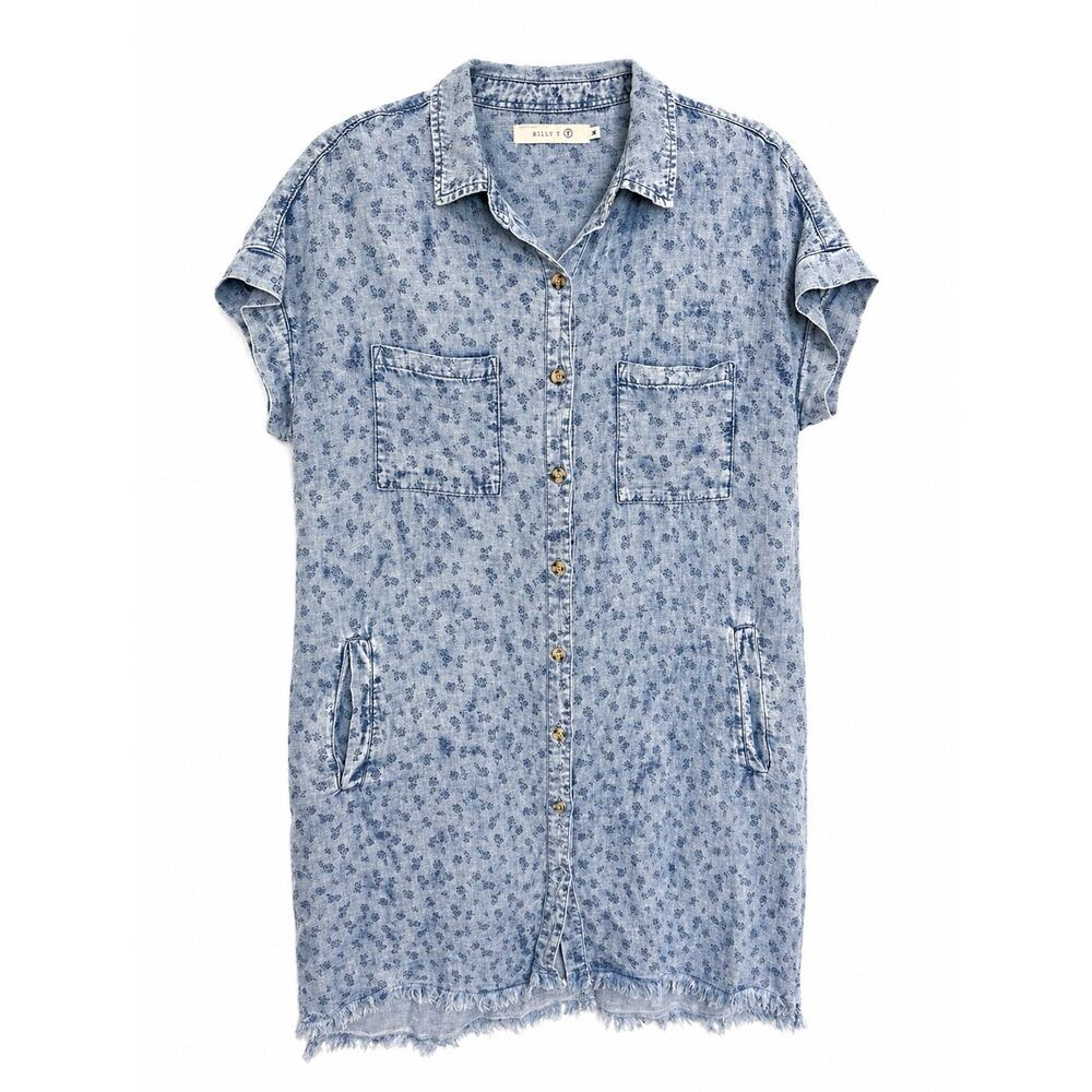 Billy T Ditsy Floral Shirtdress Blue Raw Hem Pockets Lyocell Linen M